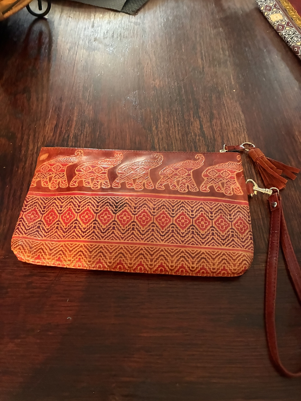 Handcrafted Red Elephant Embossed Wristlet Clutch